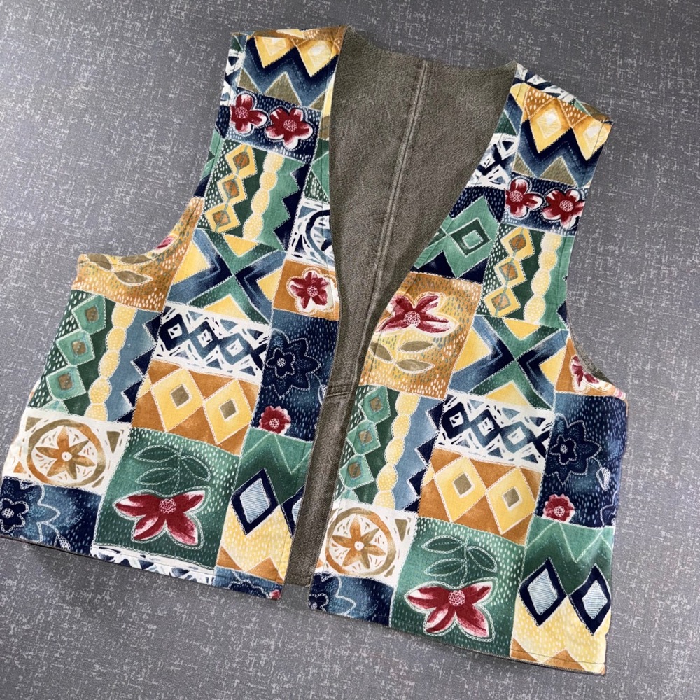 Vintage Gasoline Denim Patchwork Vest Multicolor Geometric Floral 90s Boho XL